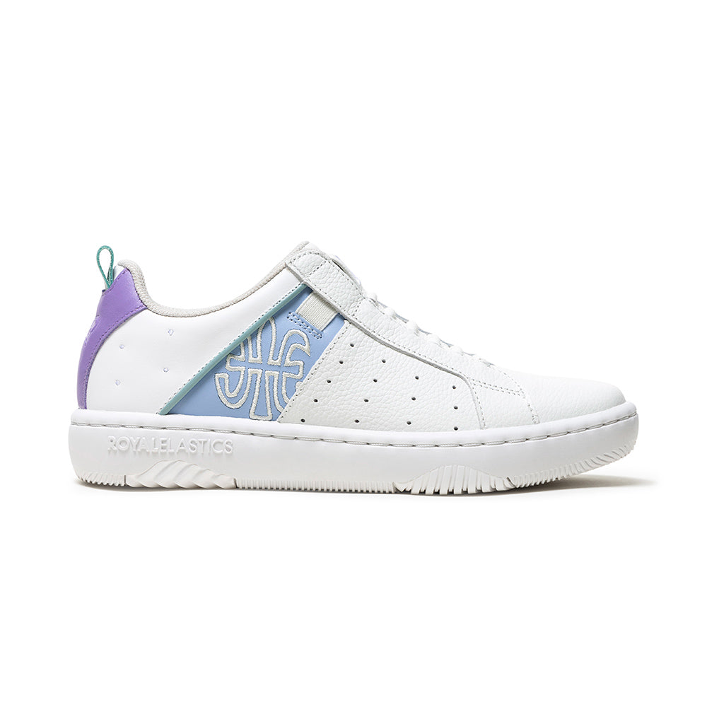Women's Icon 2.0 White Blue Purple Logo Leather Sneakers