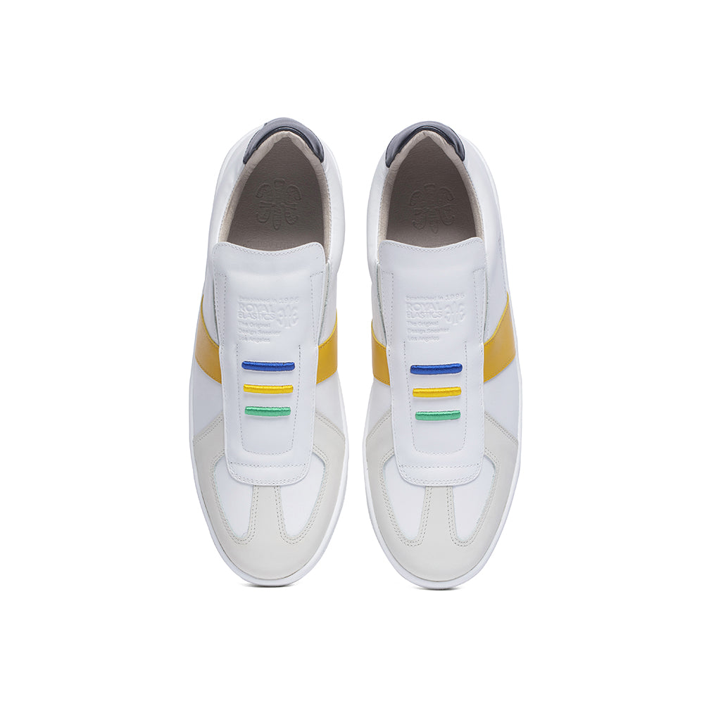Men's Smooth White Yellow Black Leather Low Tops 01594-039 - ROYAL ELASTICS