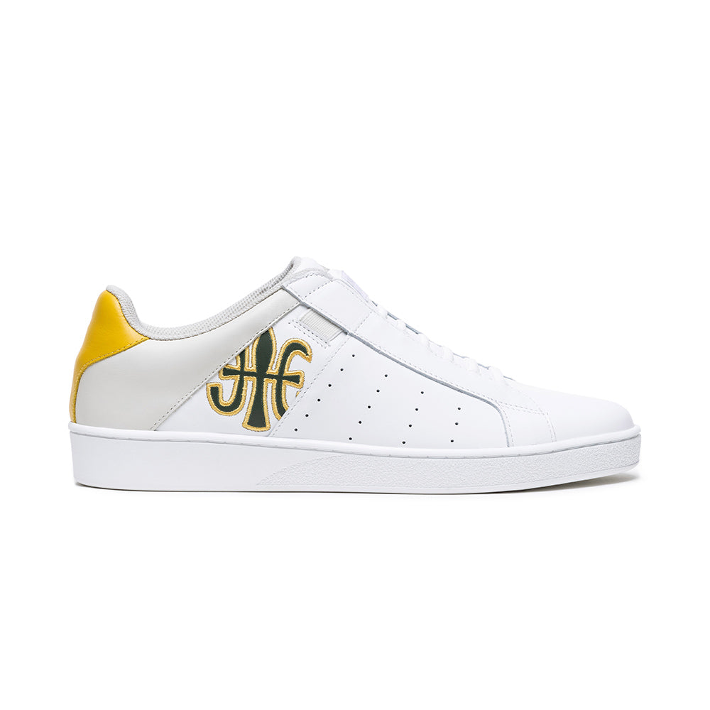 Men's Icon White Yellow Green Logo Leather Sneakers 01923-034